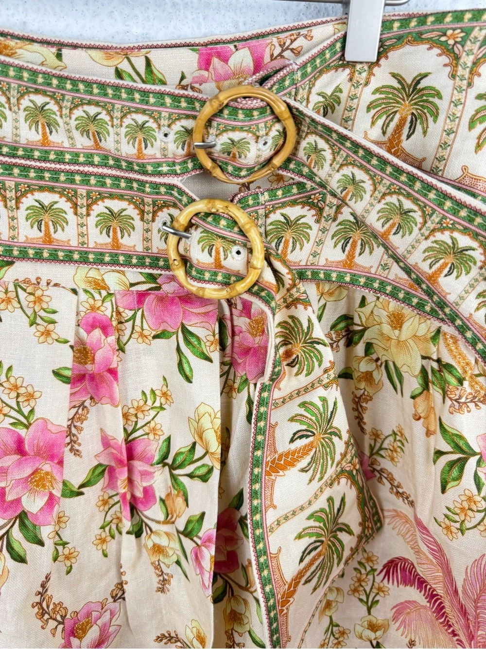 FARM Rio Palm Dream Mini Skirt Large Floral Linen Wrap Bamboo Buckles NWT